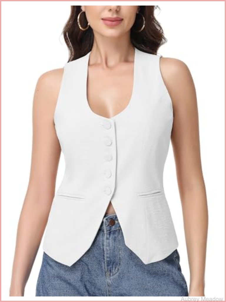 Women's Blazer Vest: Polyester U-Neck Sleeveless With Pockets